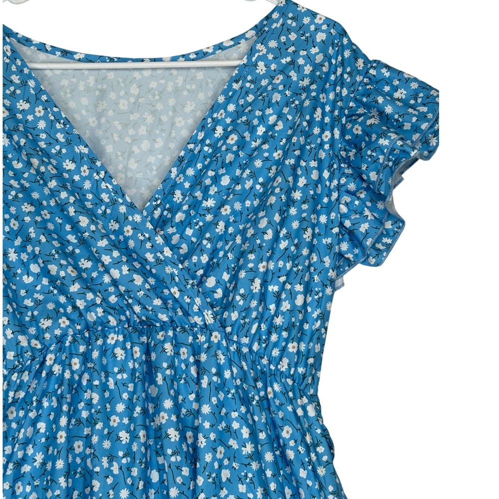 Kohl's Blue V-Neck High Low Short Sleeve Dress White Floral Pattern Women L NWOT - Picture 3 of 6